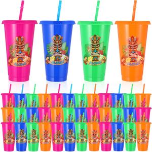 36 Pcs Plastic Tiki Cups 24 oz Hawaiian Tumbler with Lid and Straw Bulk Tiki Reusable Plastic Mug Cups Mai Tai Glasses Luau Water Bottle for Cocktails Party Drinking Coffee Travel Supplies