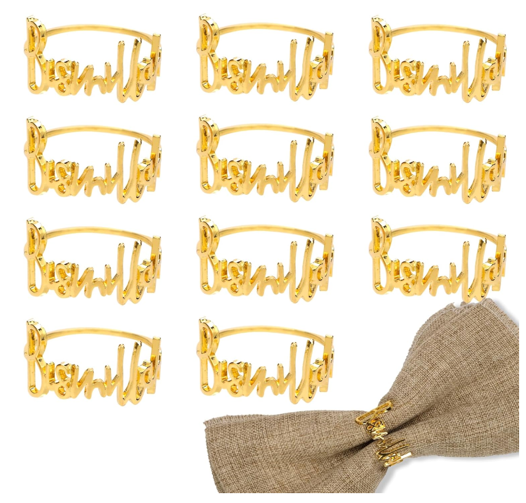 12pcs Ramadan Napkin Rings, Bismillah Letter Metal Napkin Ring Serviette Rings Buckle Gold Eid Mubarak Napkin Holder for Wedding Party Ramadan Banquet Table Decor
