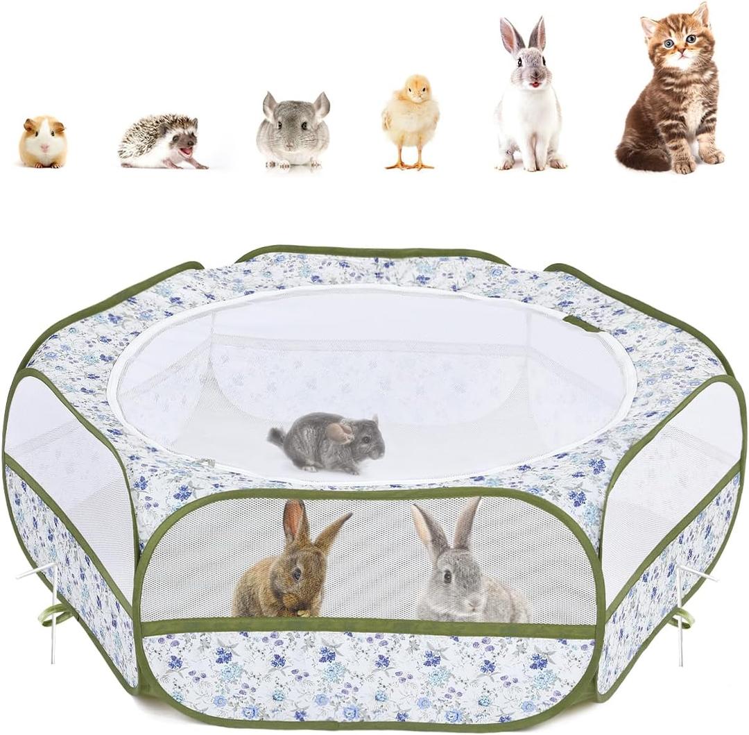 Pawaboo Small Animals Playpen, Waterproof Small Pet Cage Tent with Zippered Cover, Portable Outdoor Yard Fence with 3 Metal Rod for Chick/Kitten/Puppy/Guinea Pig/Rabbits/Hamster, Blue + White Flower