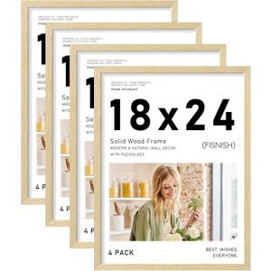 18x24 Picture Frame Set of 4, Natural Solid Wood Frames, for Wall