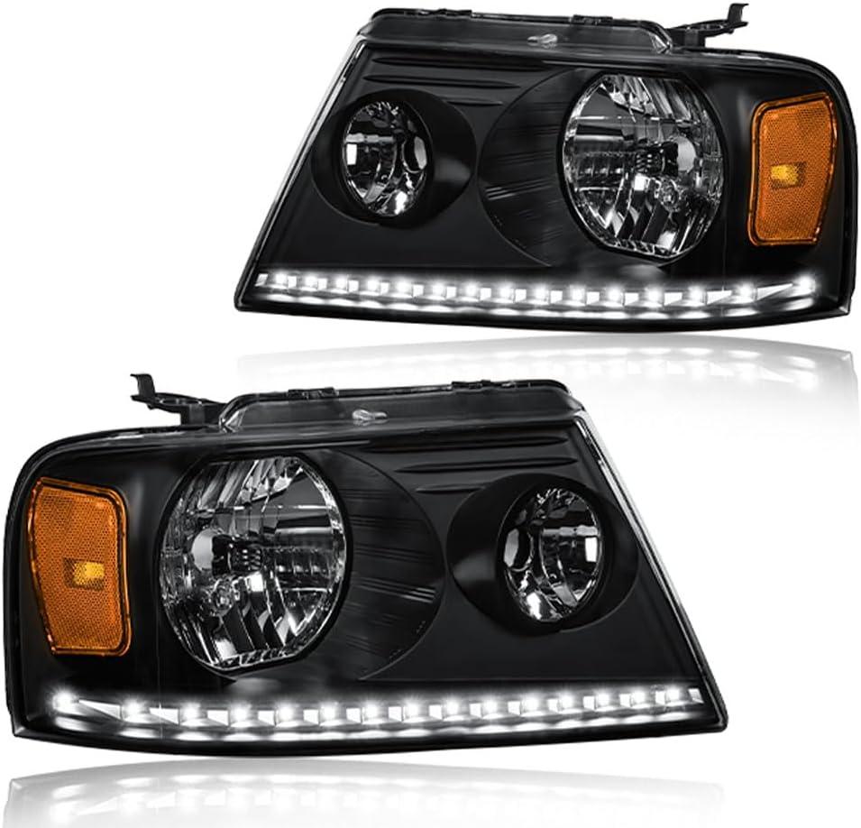 LED Headlight Assembly, Compatible with 2004-2008 Ford F150/2006-2008 Lincoln Mark LT Replacement Headlamp Pair of Driver Left & Passenger Right Side Black Housing Amber Reflector