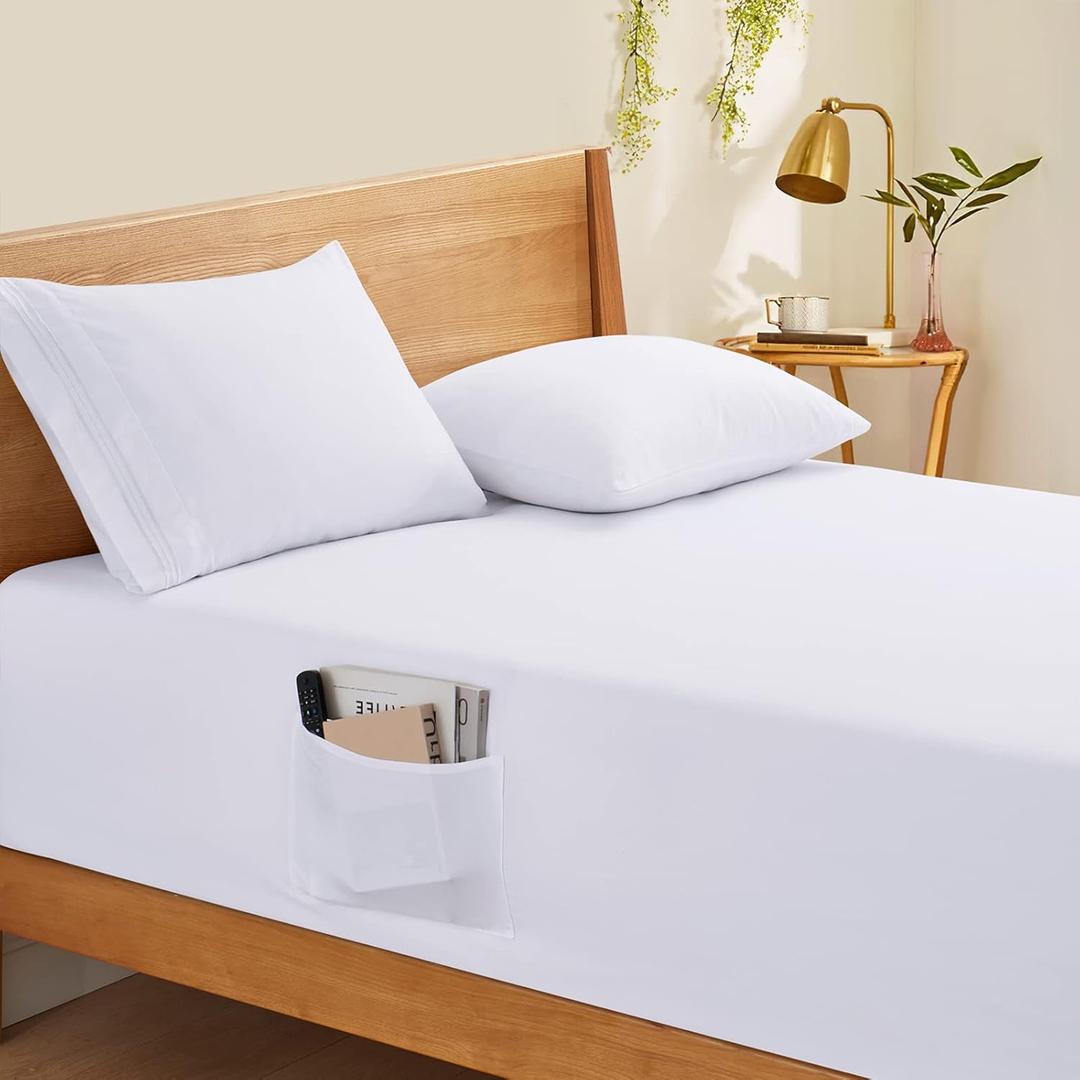 Horbaunal Extra Deep Pocket Queen Fitted Sheet Only - Fits Up to 24 Inch Mattress - Luxury 1800 Thread Count - Microfiber White Fitted Bed Sheet Queen Size