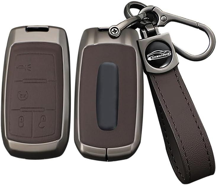 ontto Fit for Ram Truck Key Shell Case Metal and Leather Key Fob Protector Fit for Dodge Ram 1500 2500 3500 4500 5500 2019-up,Solid Key Cover with Keychain,4-Button-Brown