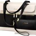 LOVEVOOK Laptop Tote for Women - 15.6 Inch Professional Leather Computer Briefcase - Waterproof Shoulder Bag - Large Capacity Business & Office Bag (Black/Beige-1)