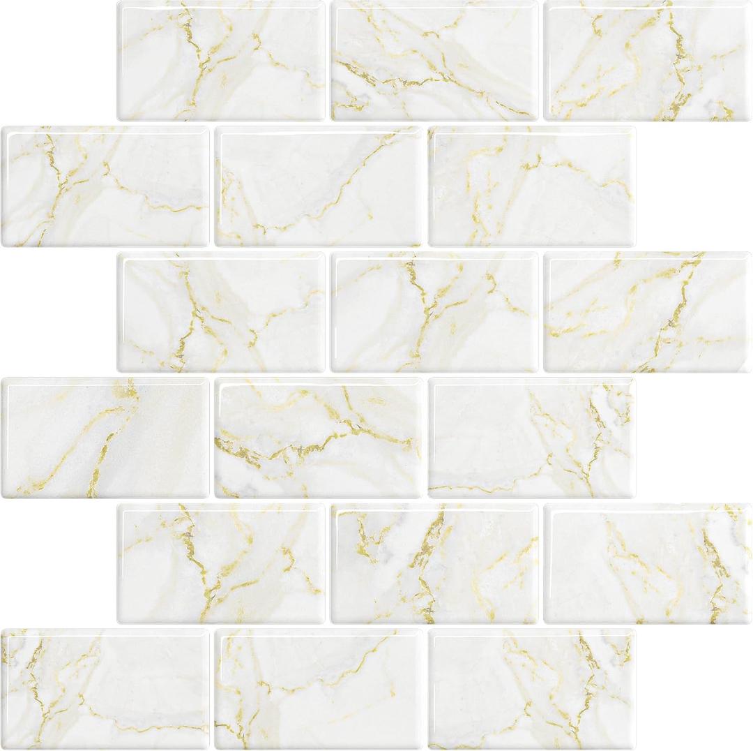 VEELIKE Gold Marble Subway Tile Peel and Stick Backsplash for Kitchen Back Splash Tile Stickers 6-Sheets Adhesive Stick on Backsplash Peel and Stick for Bathroom Renter Friendly Wall Tiles 12''x12''