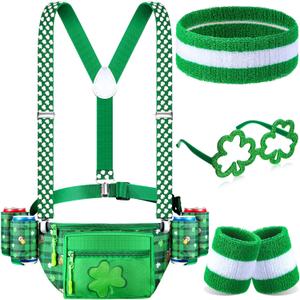 Chunful 10 Pcs St. Patrick's Day Fanny Pack Shamrocks Belt Bag Fanny Pack with Suspenders Drink Holder Wristband Headband (Green)