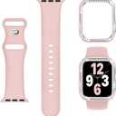 3-in-1 Compatible for Apple Watch Band 40mm 41mm 42mm 44mm 45mm 46mm, Soft Silicone Sport Strap for iWatch Series SE 10 9 8 7 6 5 4 3 (Pink with Bling Bumper Case)