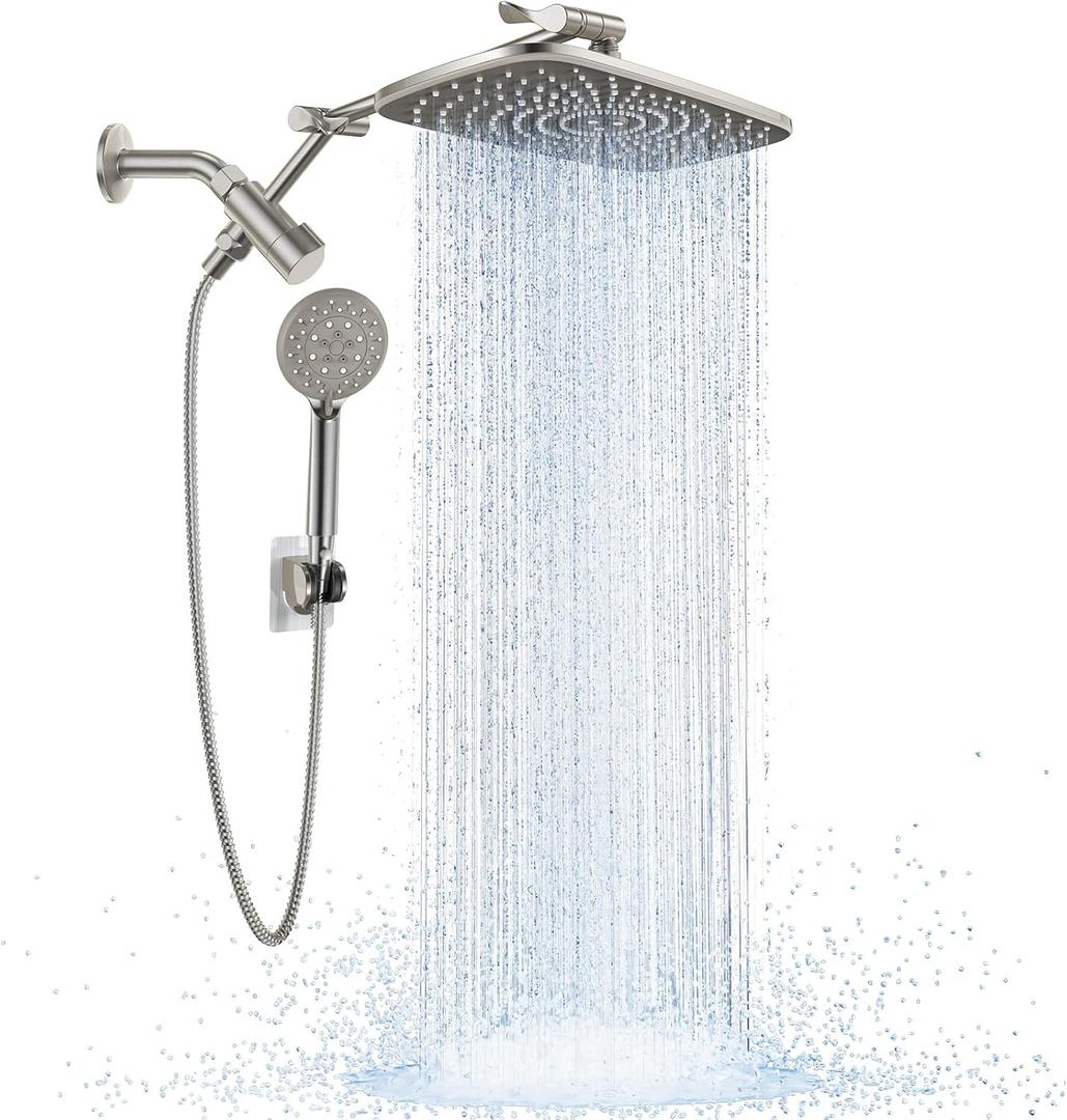 Veken 11.8 Inch Rain Shower Head with 6 Modes Handheld Water Spray,Wide Showerhead Combo with Extension Arm-housewarming gifts,1.8gpm Dual Shower with Anti-Clog Nozzles,Brushed Nickel