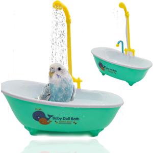 MUYG Parrot Automatic Bathtub with Shower, Cute Durable Bird Bath Shower Tub Birds Bath Fountain for Small Medium Parrots Cockatiel Parakeets Conures Lovebirds(Green 10.2 x 4.0 x 11.02Inch)