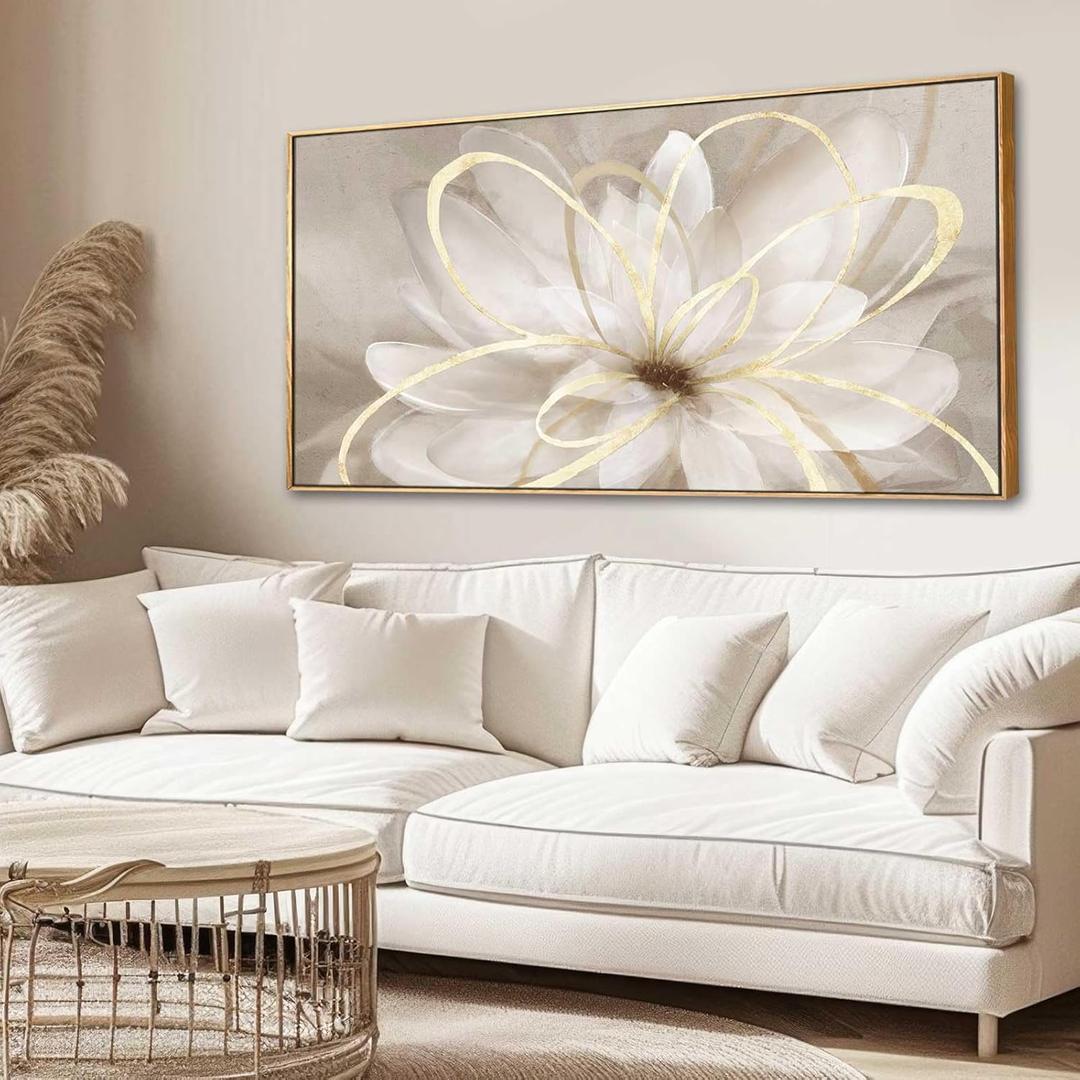 Framed Abstract Wall Art Gold Pictures Wall Decor Line Painting on Canvas 20"x 40" Contemporary Floral Artwork for Living room Office Bedroom Aesthetic