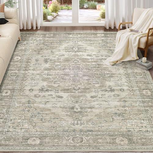EIEIHOUSE Washable Area Rugs for Living Room -8x10 Neutral Vintage Distressed Floral Farmhouse Boho Large Soft Floor Rug Indoor Non Slip Carpet for Living Room Bedroom Dining Room Office - Brown/Tan