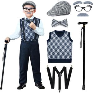 100 Days of School Costume for Boys  Old Man Costume with Grandpa Hat, Beard, and Vest for Kids School Cosplay (Medium (5-7 Y), Retro Black)