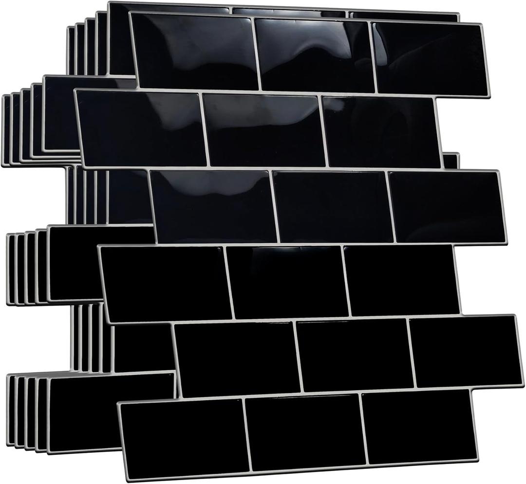 WALPLUS Upgraded Backsplash Tile Peel and Stick for Kitchen Wall Stick On Backsplash Tile for Bathroom Adhesive Glossy Heat Resistant Sticky Backsplash for Kitchen 11.8" x 11.8" Black 12 Sheets