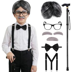 Santoy Old Man Wig Costume for Kids - 100 Days of School Dress-Up with Grandpa, Perfect for Halloween Cosplay and Fun for Adults and Boys