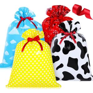 Shappy 4 Pcs Large Blue Sky and White Cloud Wrapping Gift Sack Cartoon Story Mix Color Sack Bag Party Supply 36 x 48 in Present Plastic Bag with 1 Roll 16 Feet Ribbon Cow Inspired Party Birthday Decor