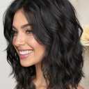 14 Inch Natural Black Wigs for Women - Shoulder Length Wave Wig with Pre-Cut Lace Hairline, Middle Part Natural Wavy Bob Synthetic Heat Resistant Fiber for Daily and Party