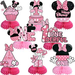 TONIFUL 1st Birthday Pink Mouse Themed Table Honeycomb Centerpieces, Pink Mouse Table Topper Decor, Letter ONE for Girl First Birthday Party Supplies Party Decorations (8 Pcs)