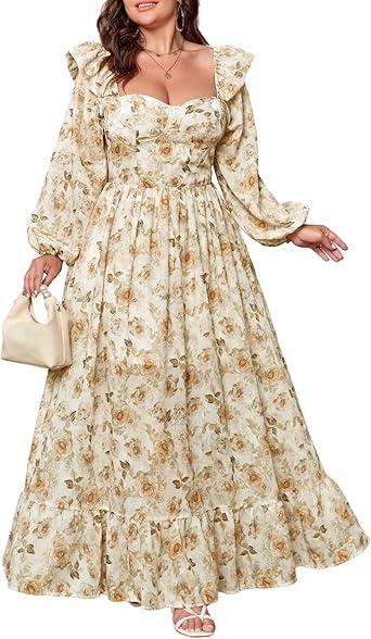 EYWOL Women's Floral Puff Long Sleeve Maxi Dress Sexy Sweetheart Corset Boho Chiffon Flowy Smocked Long Dresses M