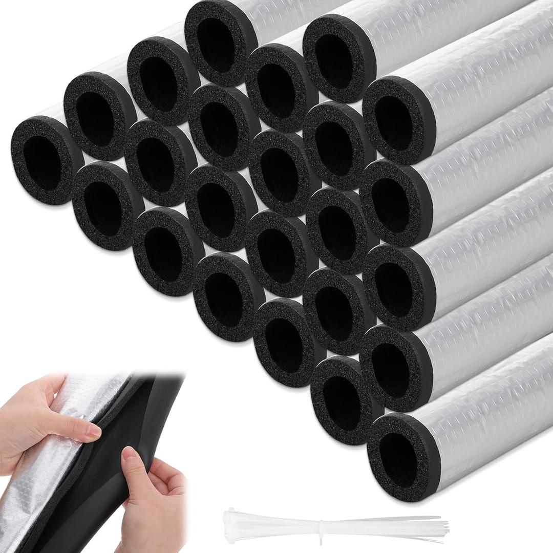 24 Pack Pipe Insulation Foam Tube Self Adhesive - 1.3 Ft x 0.3 Inch Pre Slit Foam Pipe Covers with Ties, Aluminum Foil Pipe Insulation Wrap for Outside Water Pipe Winter Freeze Protection
