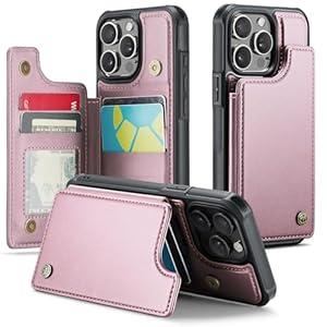 JEEHOOD Compatible with iPhone 14 Pro Wallet Case with Card Holder RFID Blocking for Women Men, Double Magnetic Clasp Kickstand Shockproof Phone Case Fit for iPhone 14 Pro, Rose Gold