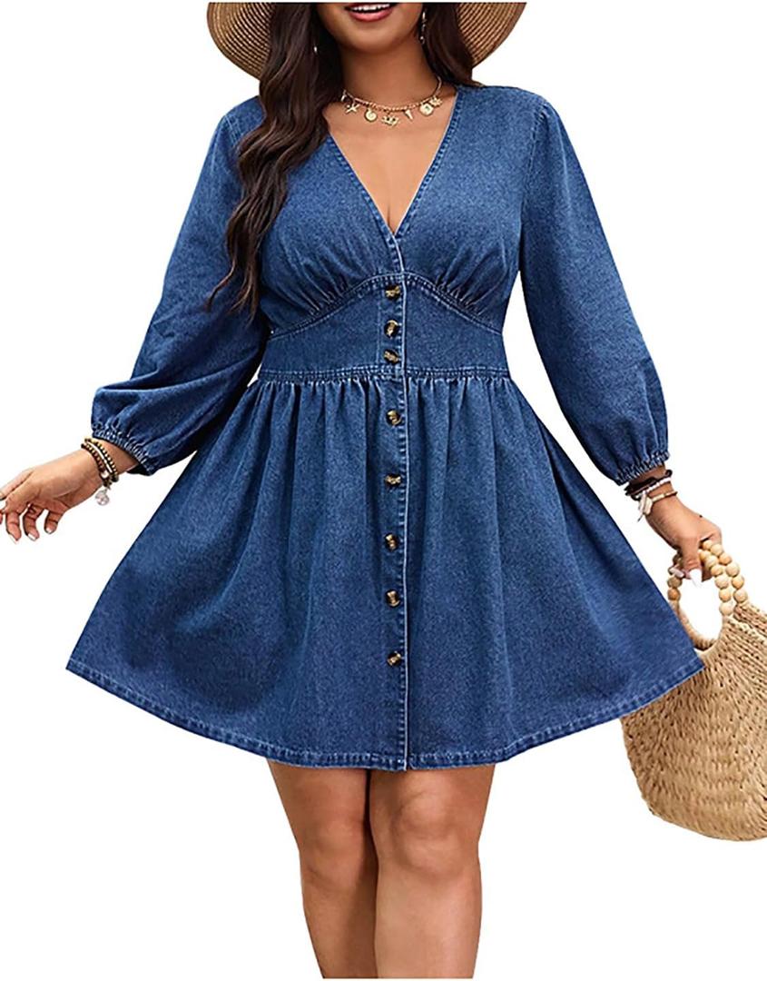 Women's Denim Plus Size Dress Long Sleeve V Neck Button High Waist Pleated A Line Midi Dress (Blue, 5X-Large)
