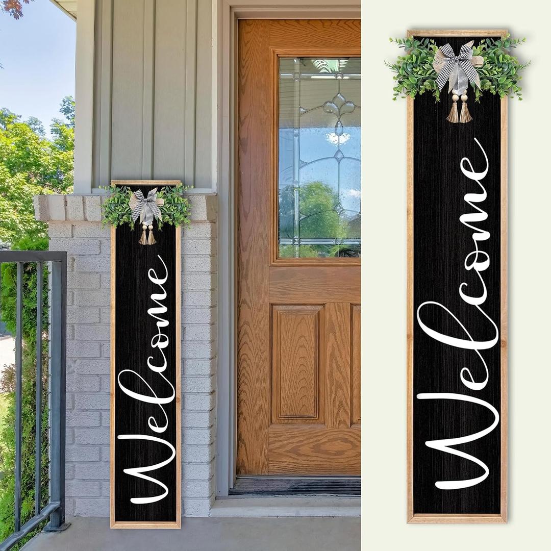 TQianJiang Farmhouse Outdoor Welcome Sign for Front Porch Standing 45"9" for Entryway Front Porch Outside Decor Standing Vertical Hanging Tall Rustic Leaner Wood Framed (Wood Black)