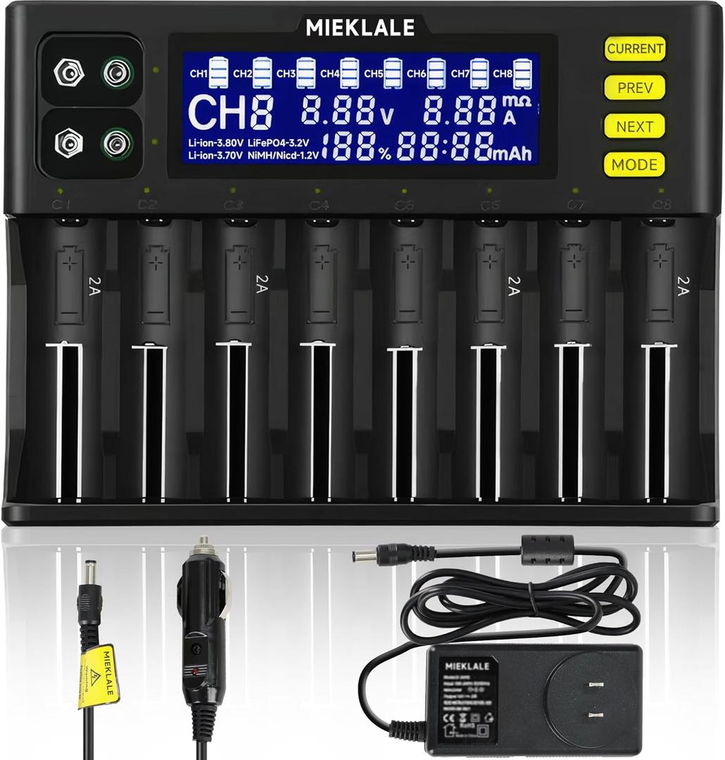 18650 Battery Charger, MIEKLALE 8+2 Bays Smart Universal Battery Charger with LCD Display for Rechargeable Batteries Li-ion LiFePO4 RCR123 16340 26650 10440 14500 & 9V, NiMH NiCd AAA AA(8+2Slots)
