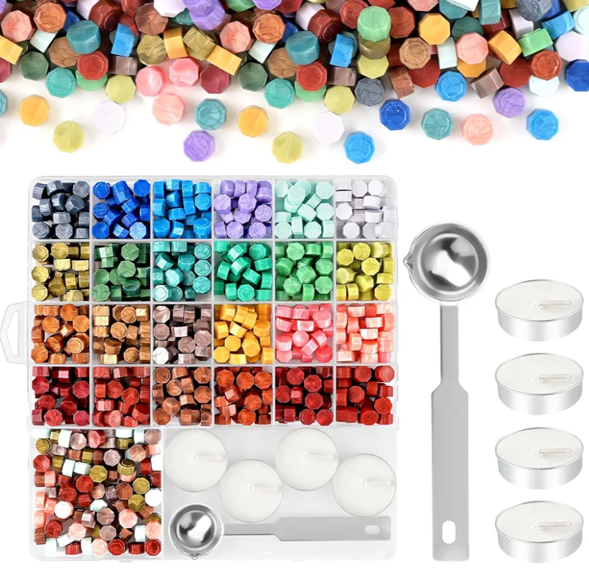 NACHLYNN 600 Multicolor Octagon Sealing Wax Beads with 1 Melting Spoon and 4 Tealight Candles for Letters Invitations Wine Bottles Crafts
