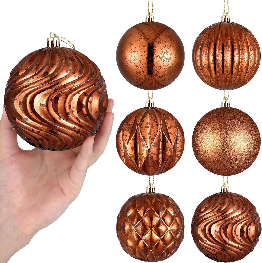 6 Pcs Extra Large Mercury Christmas Ball Ornaments 4" Bronze Christmas Hanging Ornaments Plastic Shatterproof Glitter Winter Vintage Mercury Balls Xmas Tree Decorations for Xmas