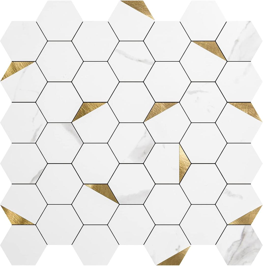 Art3d 10-Sheet Peel and Stick Backsplash for Kitchen Dcor, Self-Adhesive Tile Hexagon Mosaic Tiles (11.81 x 11.61", Gold Studded)