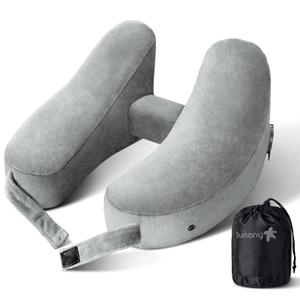 Sunany Travel Neck Pillow for Airplane Pillow Comfortably Supports Head, Neck and Chin, Inflatable Travel Pillow with Soft Velour Cover and Portable Drawstring Bag (Black) (Grey, H)