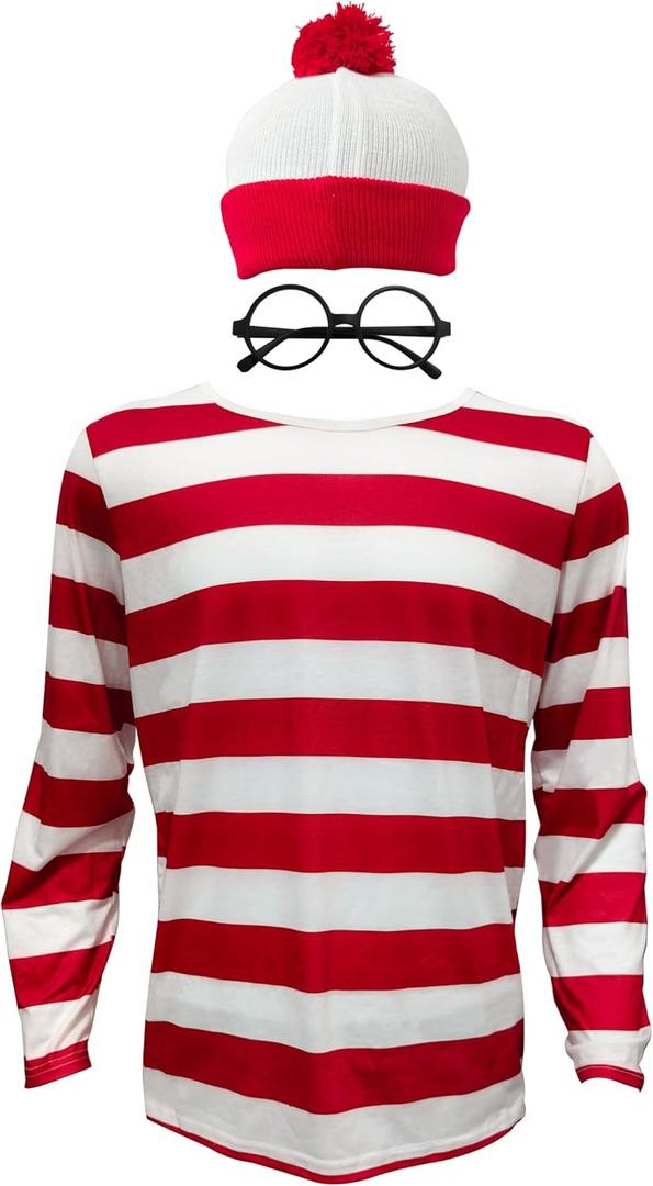 Waldo Red and White Striped Shirt Adult Men Women's Halloween Cosplay Costumes Funny Sweatshirt Outfit Glasses Suits (Large)