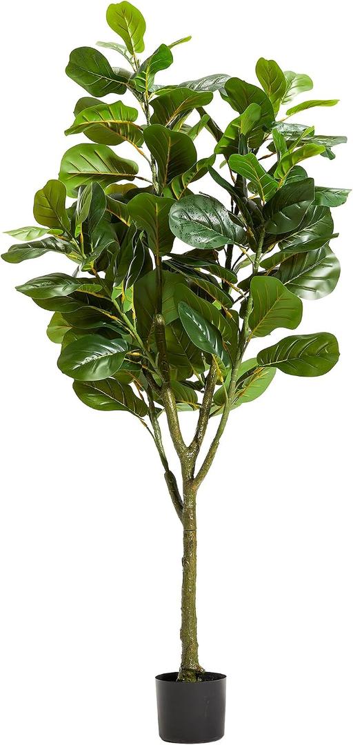 KOL Artificial 5 Feet Fiddle Leaf Fig Tree, 59 Inches Fake Ficus Lyrata Plant, Faux Plants Greenery for Home Office House Living Room, Perfect Housewarming Gift, Indoor Outdoor Modern Decor