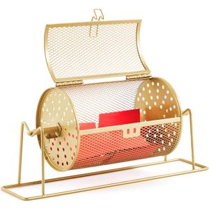 7.09" x 4.72" Small Raffle Drum Upgraded Ticket Spinner Holds 600 Tickets Raffle Wheel Spinner with Stand Drum Cage for Games Events(Gold)