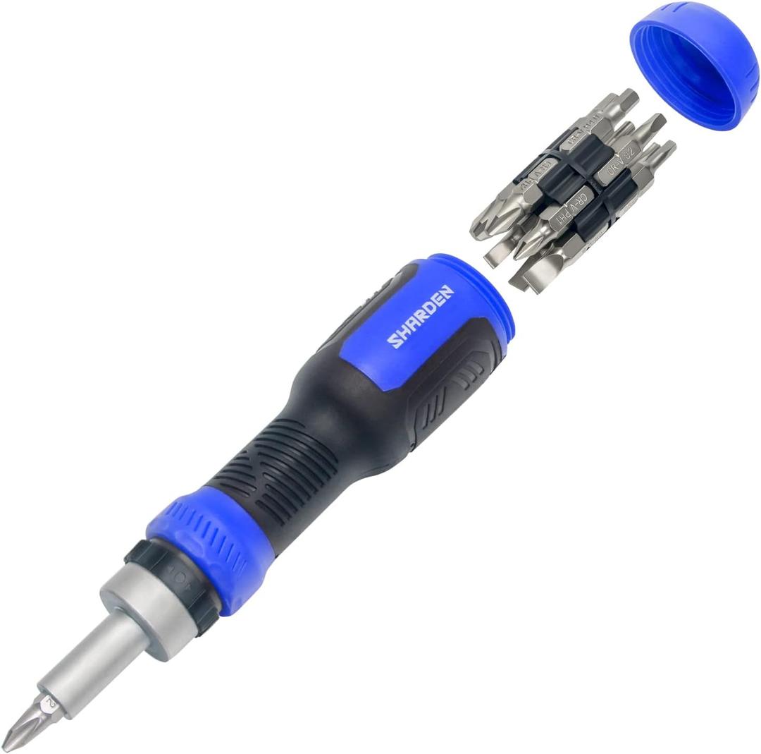 SHARDEN Ratcheting Screwdriver 13-in-1 Ratchet Screwdriver Set Multi Bit Screw Driver All in One Screwdriver with Torx Security, Flat Head, Phillips, Hex, Square and 1/4 Nut Driver (Blue)