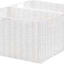 Vagusicc Wicker Storage Basket, Set of 2 Hand-Woven Paper Rope Wicker Basket, Small Storage Baskets for Organizing Toilet Paper Basket, Foldable Large Cube Storage Organizer Bins for Shelves (White)