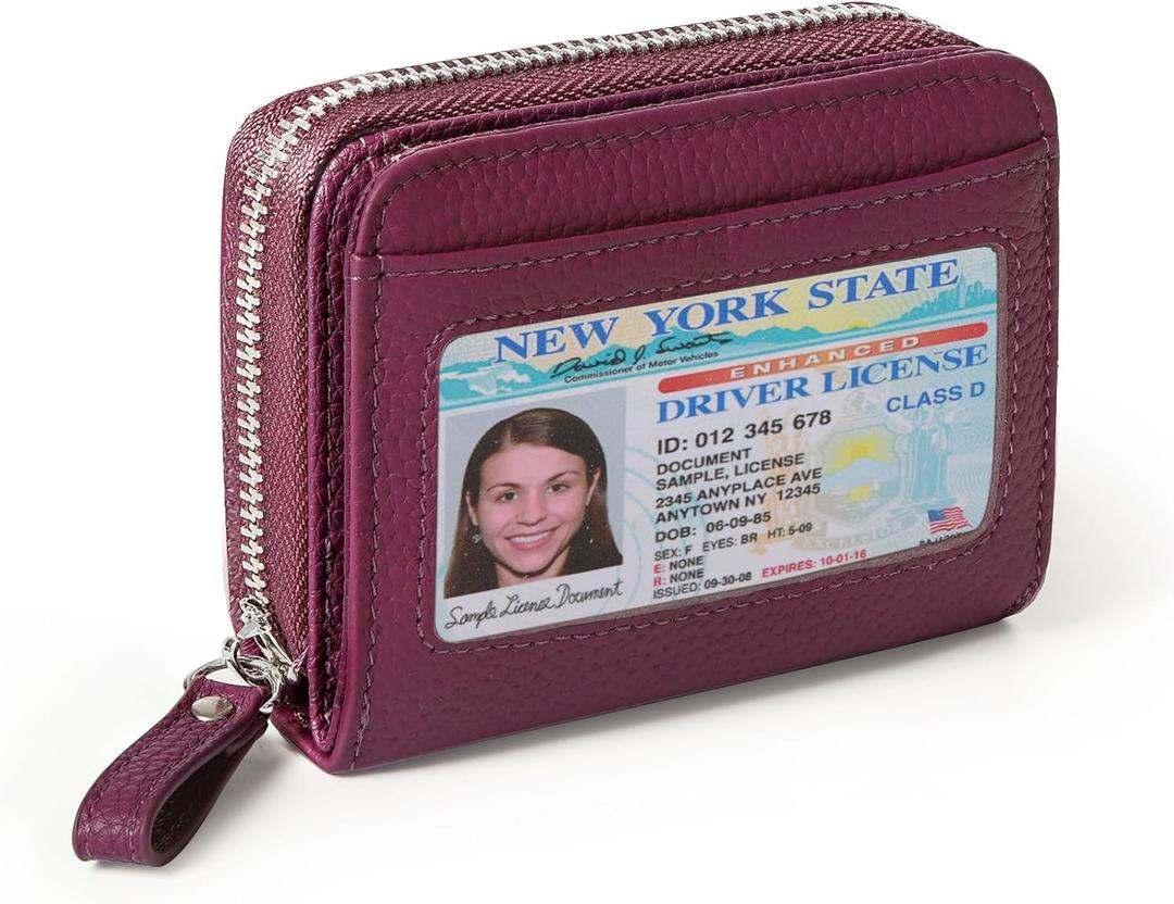 Genuine Wallet Women RFID Blocking Card Holder, Small Leather Womens Wallet with Zipper ID Window Coin Pocket (Purple)