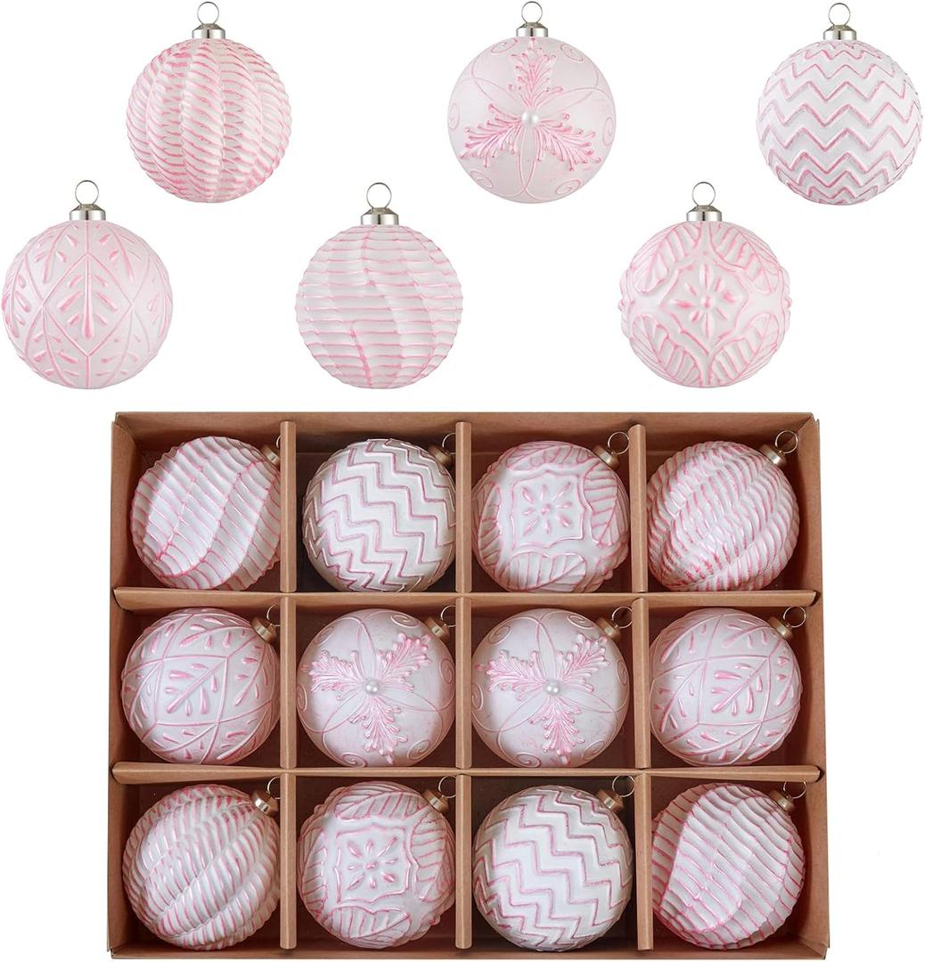 Vintage Christmas Ornaments Ball Set, 12 PCS Shatterproof Antique Traditional Christmas Tree Ornaments for Indoor Xmas Holiday Home Decor (Pink)