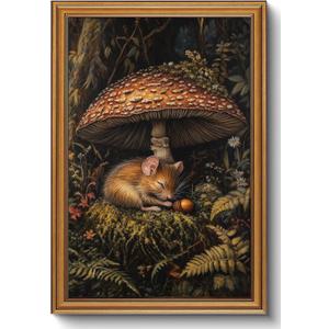 CHMMART Vintage Gold Framed Wall Art Forest Mushroom Canvas Art Prints Whimsical Mouse Animal Pictures Wall Decor Cottagecore Botanical Paintings Artwork for Living Room Bedroom 16x24in