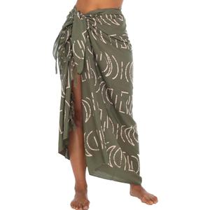Back From Bali Womens Print Sarong Coverup Swimsuit Pareo with Boho Fringe & Coconut Clip - Wrap Skirt or Beach Shawl (Khaki)