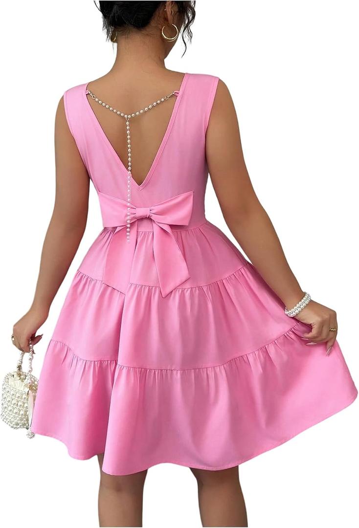 WDIRARA Women's Bow Chain Back Sleeveless Dress Flared A Line Short Dress (Pink, S)