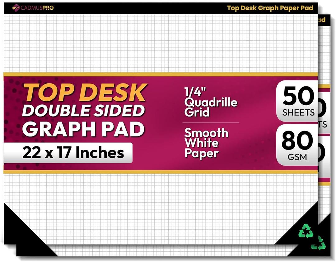 Top Desk Graph Paper Pad 22x17 Inch, 50 Sheets, Double-Sided, 80 GSM Large Quadrille Grid Paper for Drafting, Design, Art & Illustration, Architecture and Academic Use - 2 Packs (White)