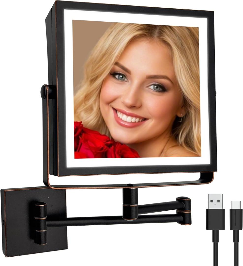 Ruacq Rechargeable Wall Mounted Makeup Mirror with Lights, Double Sided 1X/10X Magnifying Vanity Mirror with 3 Color Lights, Touch Screen Dimmable, 360 Rotation Foldable Arm (Oil Rubbed Bronze)