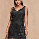 Sequin Cocktail Dresses Flapper Dresses 1920s Gatsby with All-Over Fringe Mini Dresses Prom Party Dress (Black, M)
