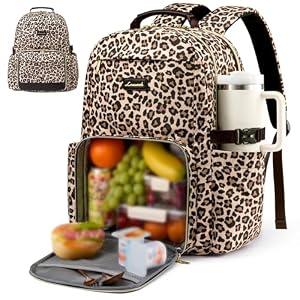 LOVEVOOK Lunch Backpack with Lunch Compartment, 17 Inch Laptop Work Travel Insulated Cooler Backpack Purse, Waterproof College Teacher Lunch Bag Box with Tumbler Holder, Gift for Men Women, Leopard print