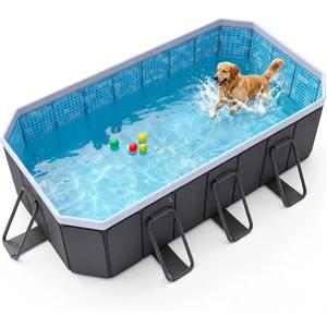114.2" Foldable Dog Pool & Bath Tub for Large Dogs, Non-Inflatable Hard-Sided Pet Pool, Large Dog Bathing Tub with Reinforced Frame, Filter Port & Easy Drain, Grey
