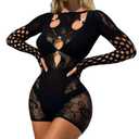 2 x Kimfeng Black Club Outfits for Women Hollow Out Long Sleeve Mesh Lingerie Bodycon Fishnet Bodysuit Jumpsuit Romper Clubwear (Black)