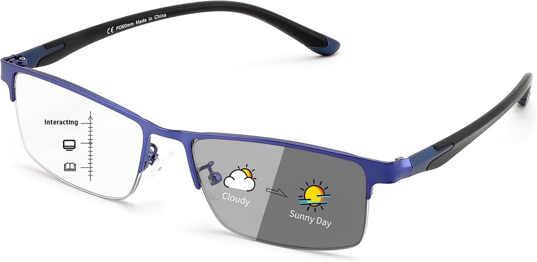 FEISEDY Blue Light Blocking Photochromic Multifocal Progressive Reading Glasses Vintage Half Frame UV400 Protection B1388