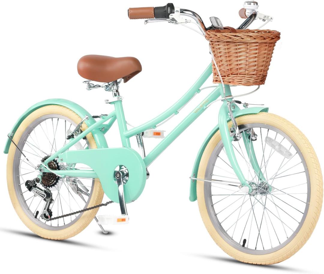 Glerc 20 24 26 Inch Beach Cruiser Bike, 6-Speed Hybrid City Bicycle for Girls Youth and Over 6 Years Old, Missy Bike with Wicker Basket & Lightweight, Multiple Colors (Mint)