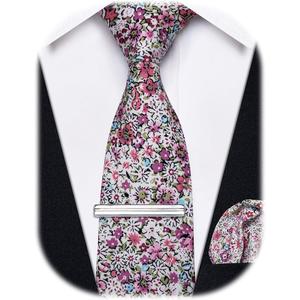 Cotton Floral Tie for Men 2.5" Printed Skinny Necktie Pocket Square Tie Clip Set Flower Wedding Party Groom